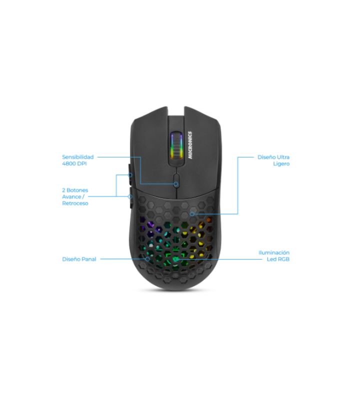 MOUSE MICRONICS GAMING LIGHTER 3 INALAMBRICO , HASTA 4800 DPI, NEGRO CON RECEPTOR, USB