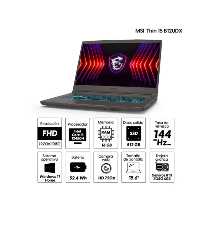 LAPTOP MSI THIN 15 B12UDX, i5 12450H, RTX 3050 6GB, 512GB SSD, 16GB RAM, PANTALLA 15.6 144HZ