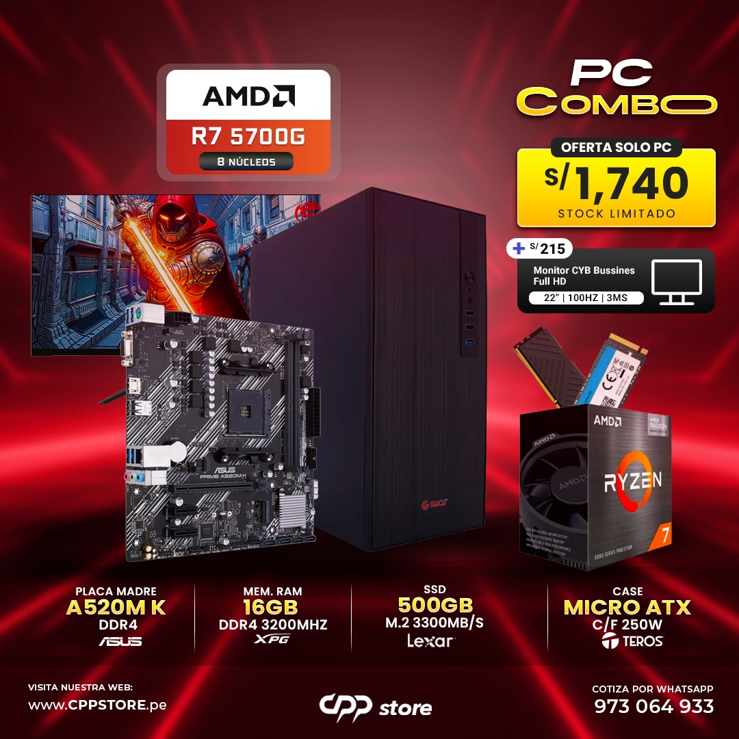 Combo PC Ryzen 7 5700G SSD 500GB RAM 16GB DDR4