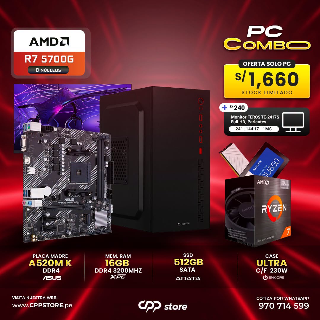 Combo PC Ryzen 7 5700G SSD 512GB RAM 16GB DDR4