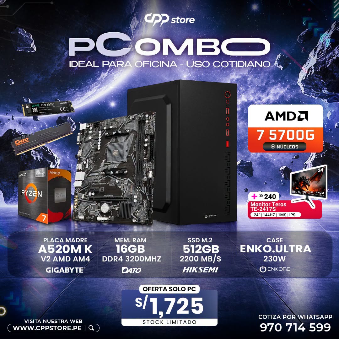 Combo PC Ryzen 7 5700G SSD 512GB RAM 16GB DDR4