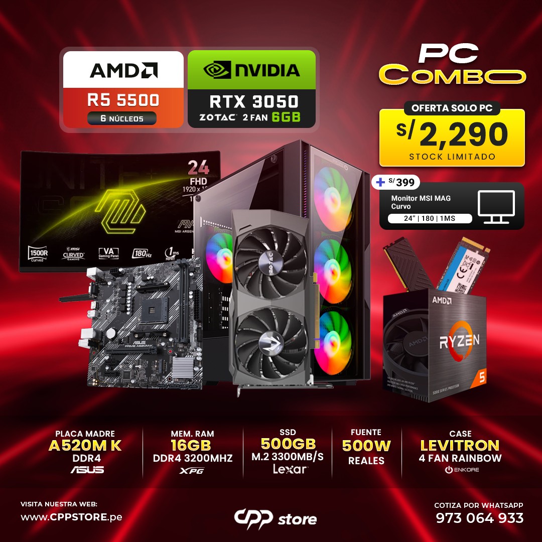 Combo PC Ryzen 5 5500 RTX 3050 SSD 500GB RAM 16GB DDR4