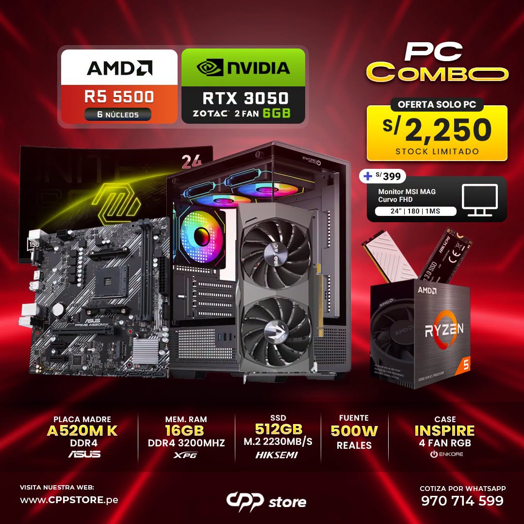 Combo PC Ryzen 5 5500 RTX 3050 SSD 512GB RAM 16GB DDR4