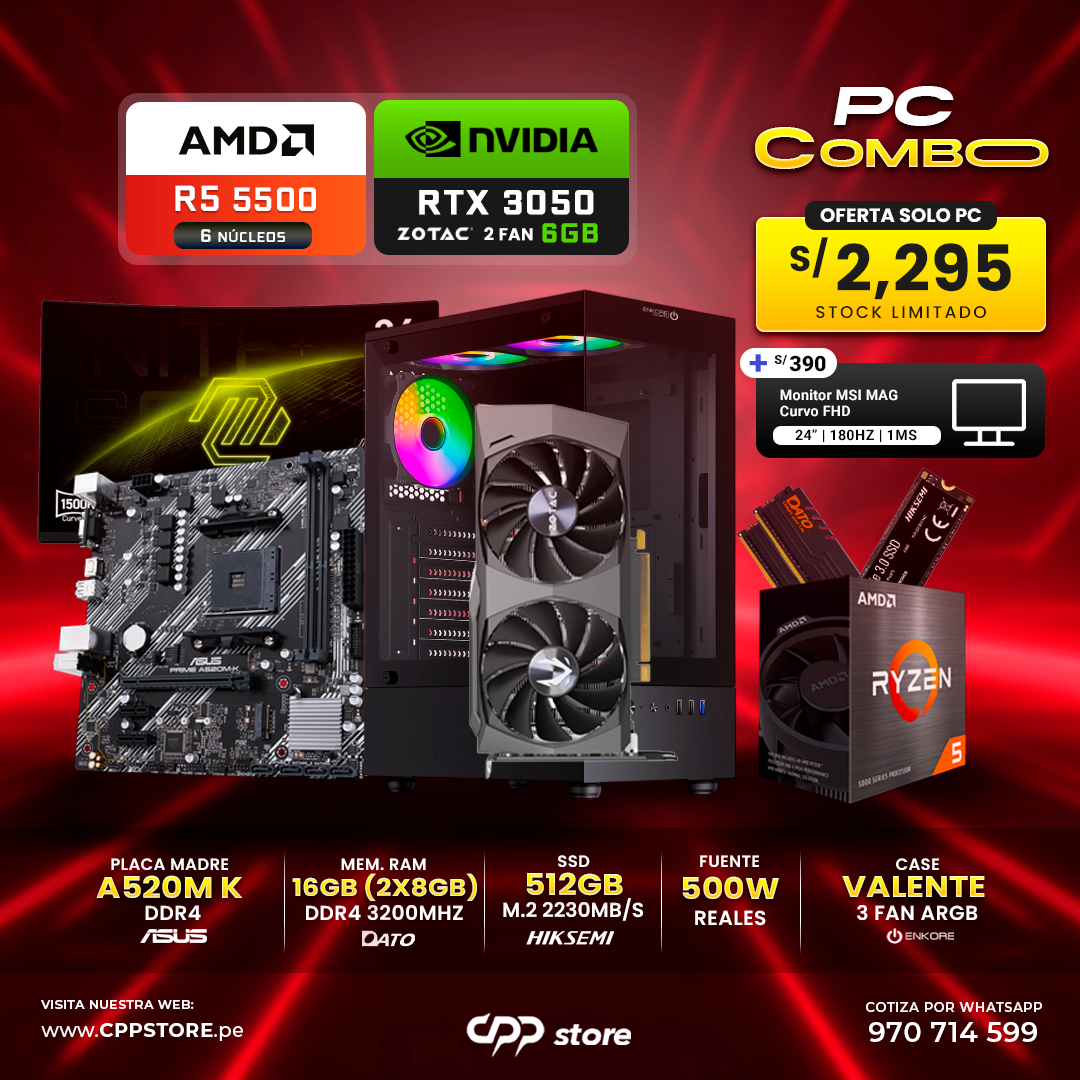 Combo PC Ryzen 5 5500 RTX 3050 SSD 512GB RAM 16GB DDR4