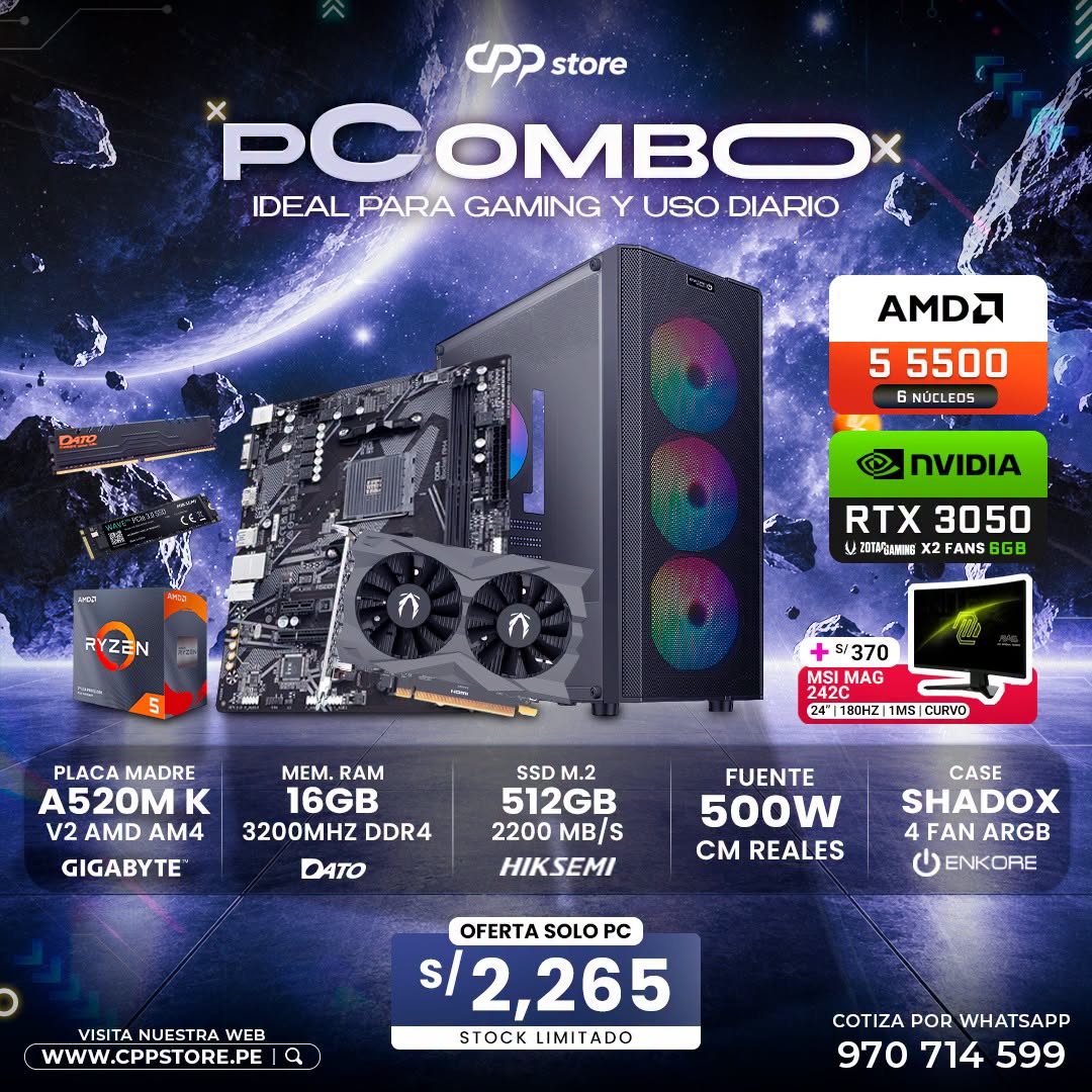 Combo PC Ryzen 5 5500 RTX 3050 SSD 512GB RAM 16GB DDR4