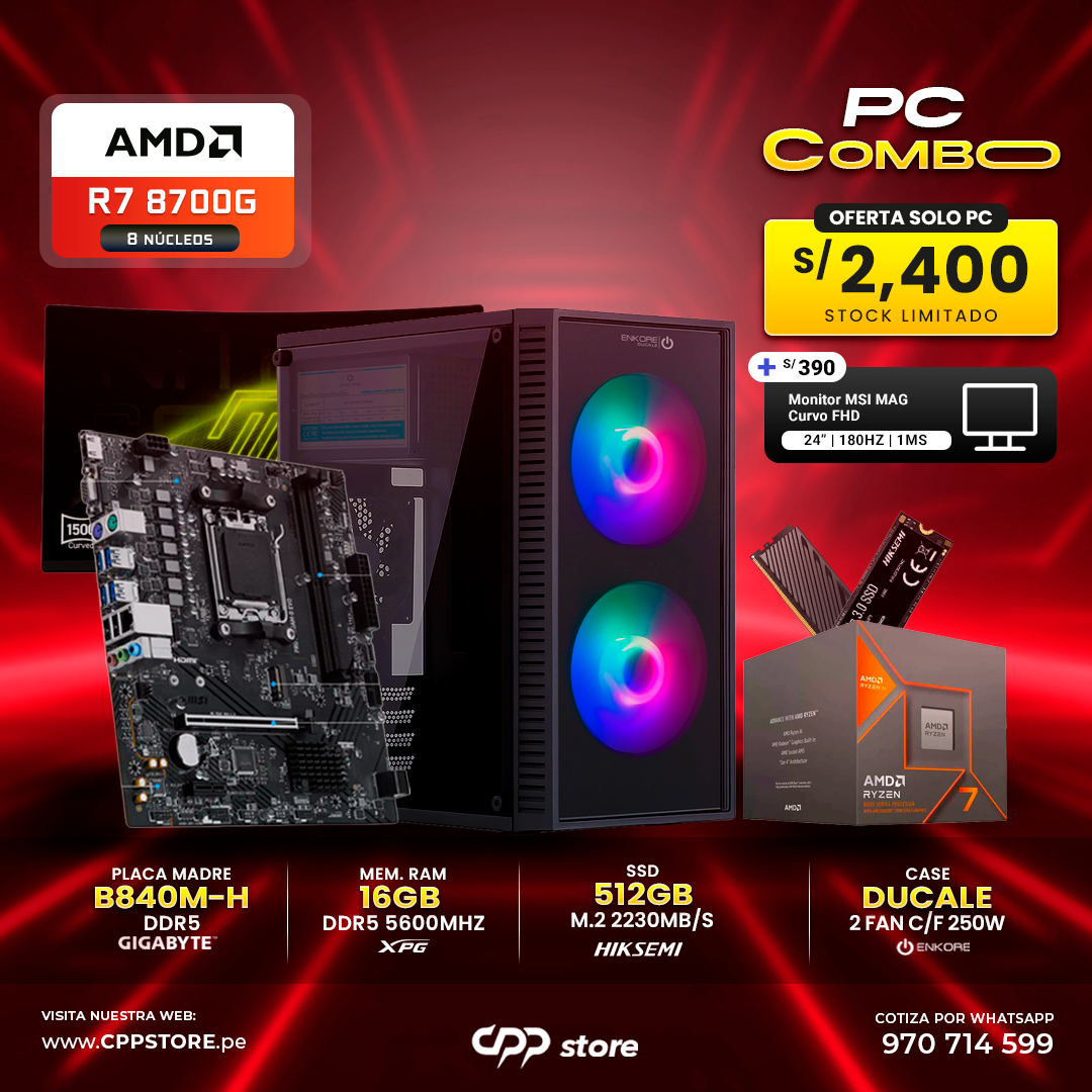 Combo PC Ryzen 7 8700G SSD 512GB RAM 16GB DDR5