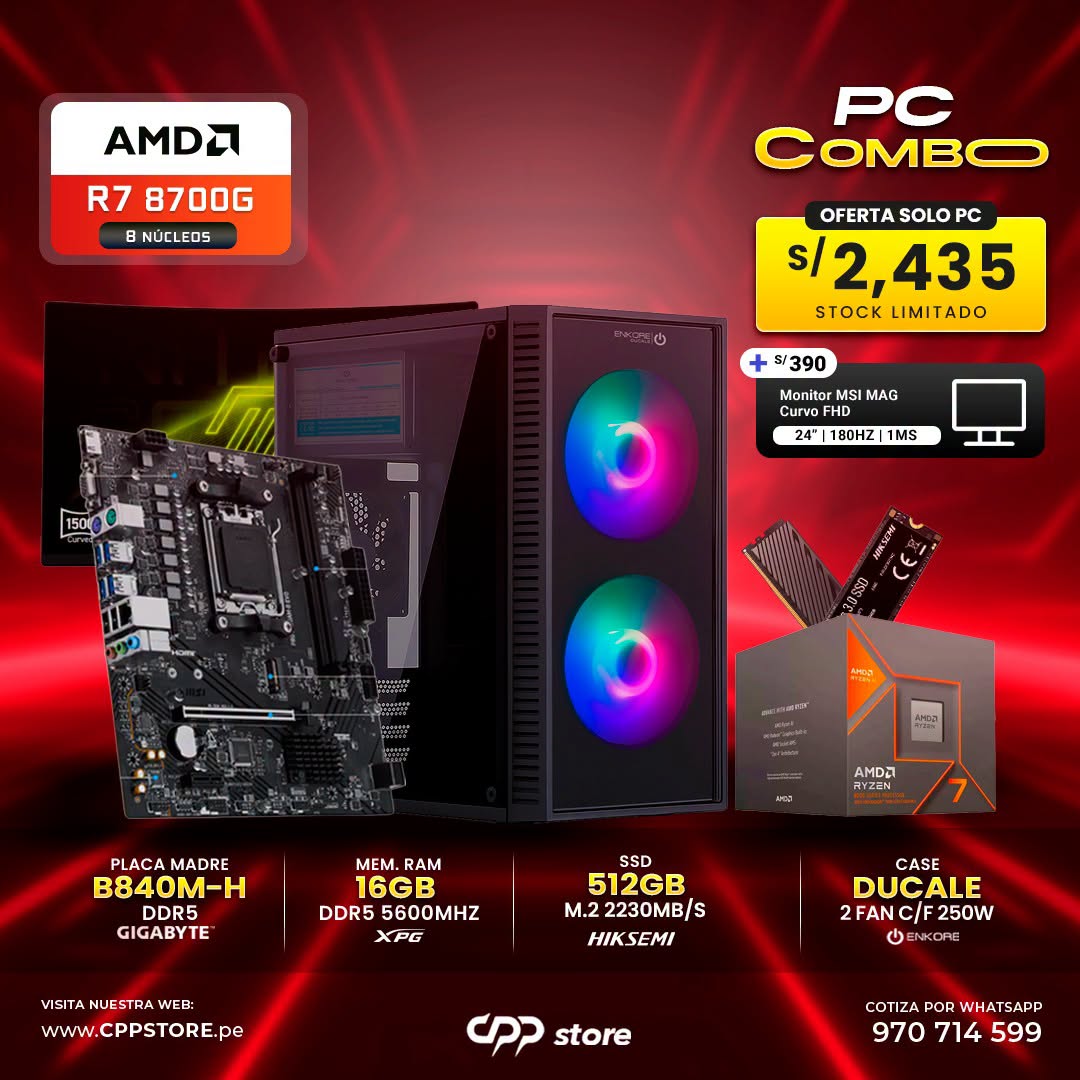 Combo PC Ryzen 7 8700G SSD 512GB RAM 16GB DDR5