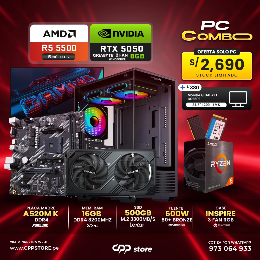 Combo PC Ryzen 5 5500 RTX 5050 SSD 500GB RAM 16GB DDR4