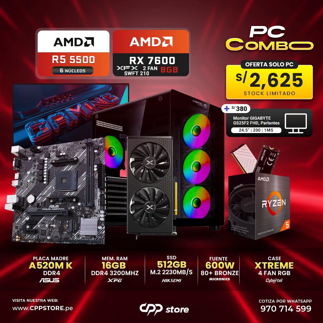 Combo PC Ryzen 5 5500 RX 7600 SSD 512GB RAM 16GB DDR4