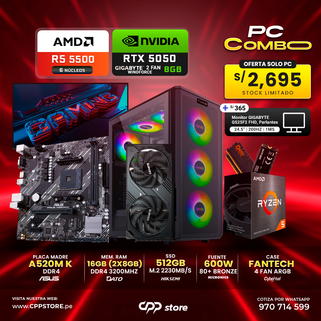 Combo PC Ryzen 5 5500 RTX 5050 SSD 512GB RAM 16GB DDR4