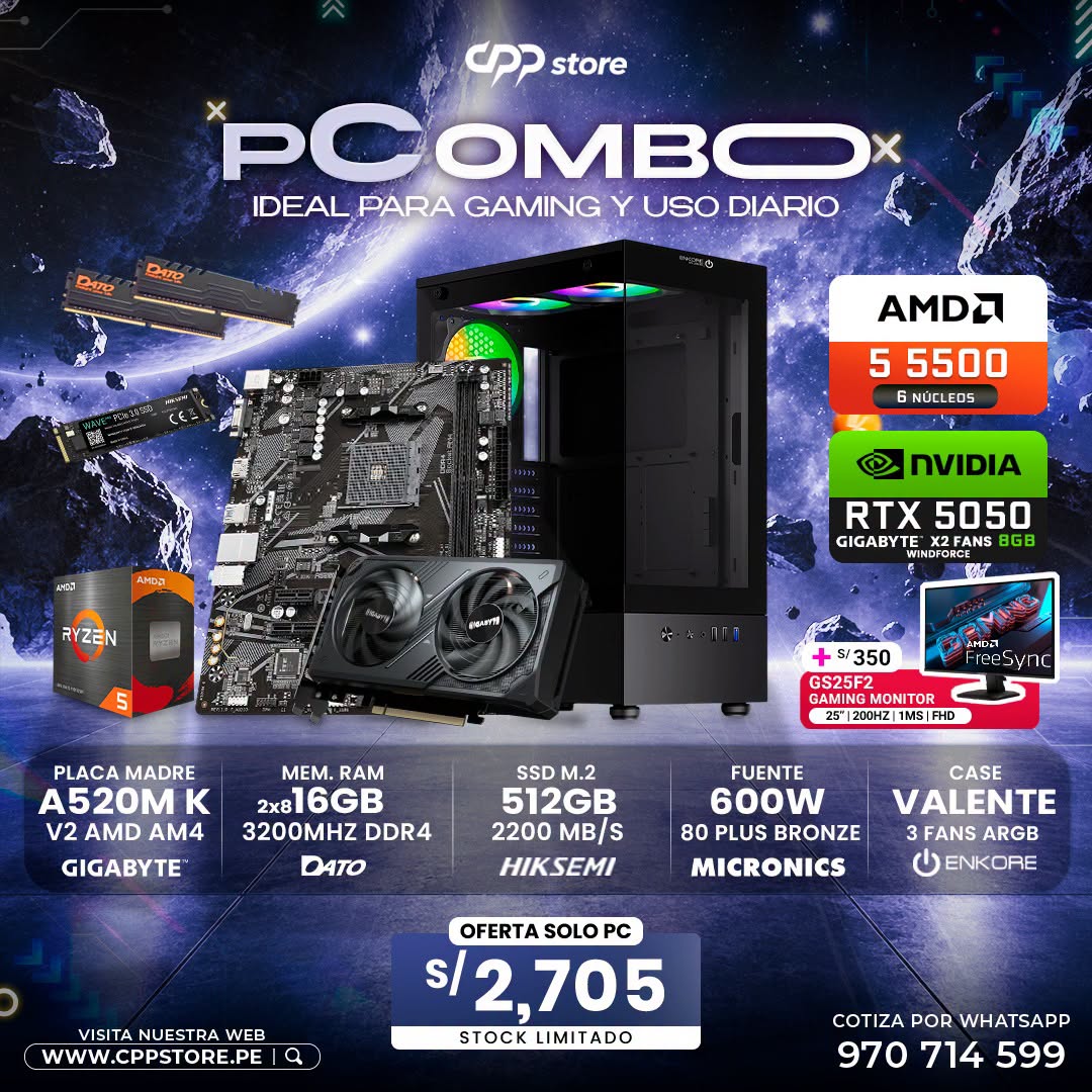 Combo PC Ryzen 5 5500 RTX 5050 SSD 512GB RAM 16GB DDR4