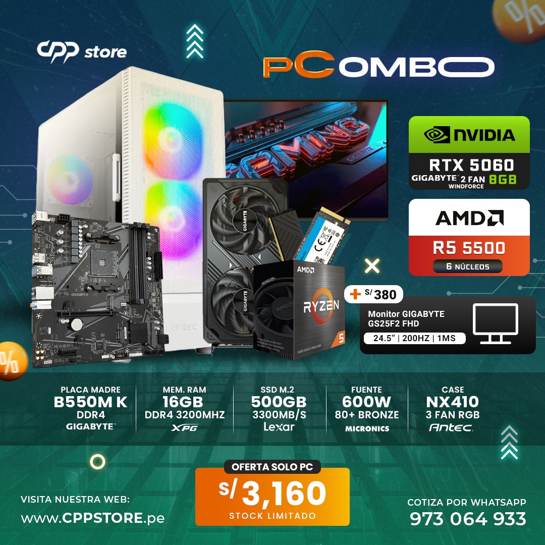 Combo PC Ryzen 5 5500 RTX 5060 SSD 500GB RAM 16GB DDR4