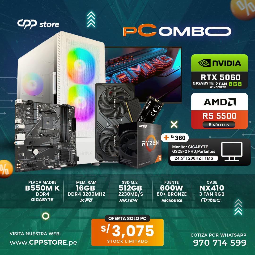 Combo PC Ryzen 5 5500 RTX 5060 SSD 512GB RAM 16GB DDR4