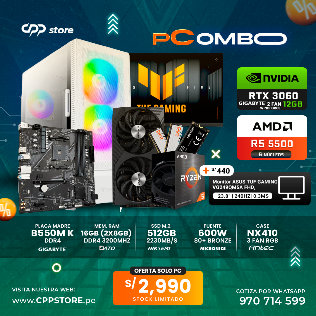 Combo PC Ryzen 5 5500 RTX 3060 SSD 512GB RAM 16GB DDR4