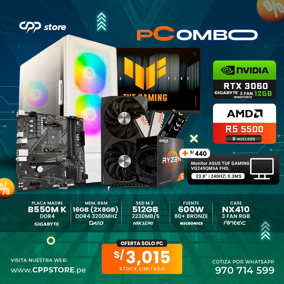 Combo PC Ryzen 5 5500 RTX 3060 SSD 512GB RAM 16GB DDR4