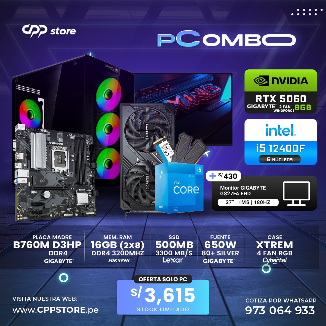 Combo PC Intel i5 12400F RTX 5060 SSD 500GB RAM 16GB (2X8GB) DDR4