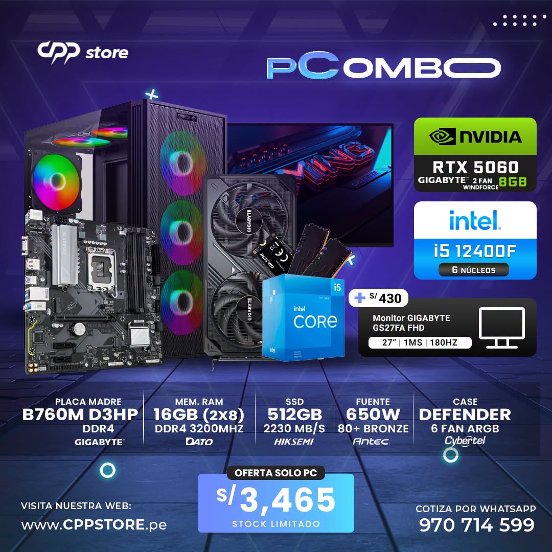 Combo PC Intel i5 12400F RTX 5060 SSD 512GB RAM 16GB (2X8GB) DDR4
