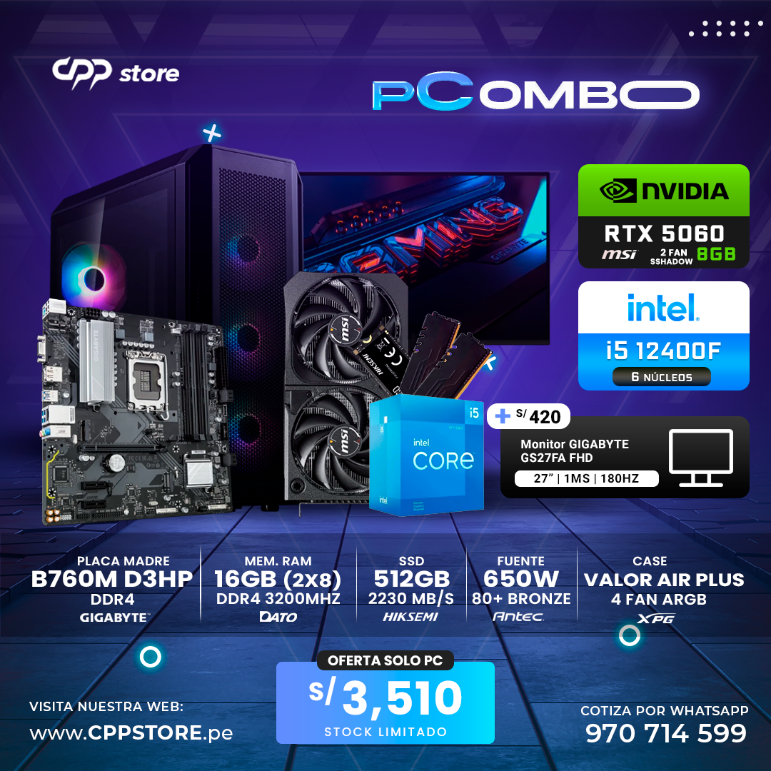 Combo PC Intel i5 12400F RTX 5060 SSD 512GB RAM 16GB DDR4