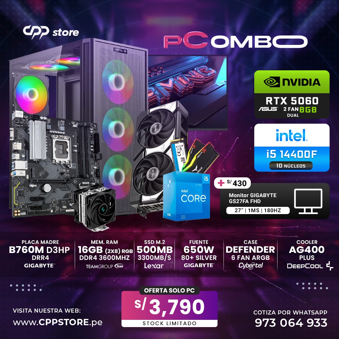 Combo PC Intel i5 14400F RTX 5060 SSD 500GB RAM 16GB (2X8GB) DDR4