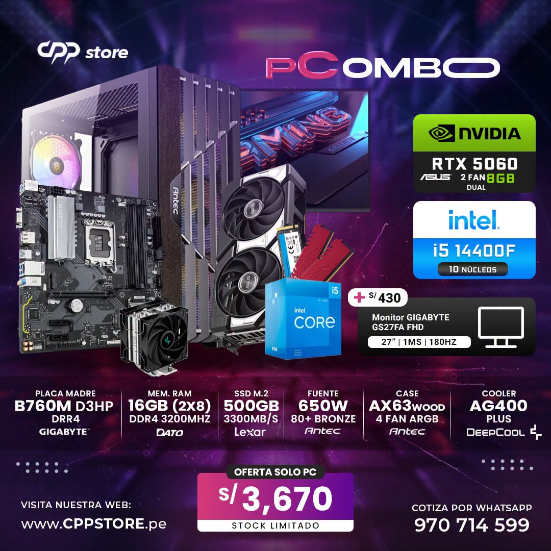 Combo PC Intel i5 14400F RTX 5060 SSD 500GB RAM 16GB (2X8GB) DDR4
