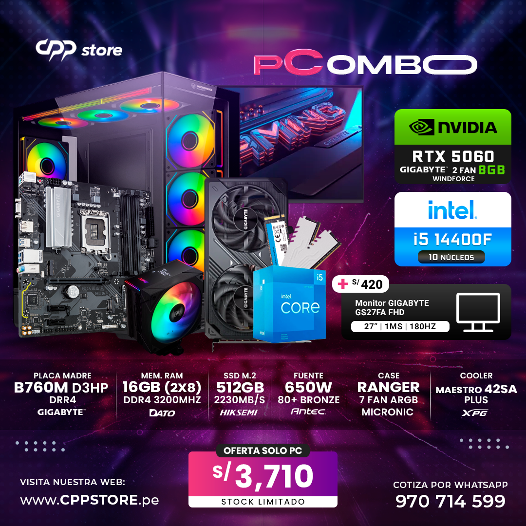 Combo PC Intel i5 14400F RTX 5060 SSD 512GB RAM 16GB DDR4