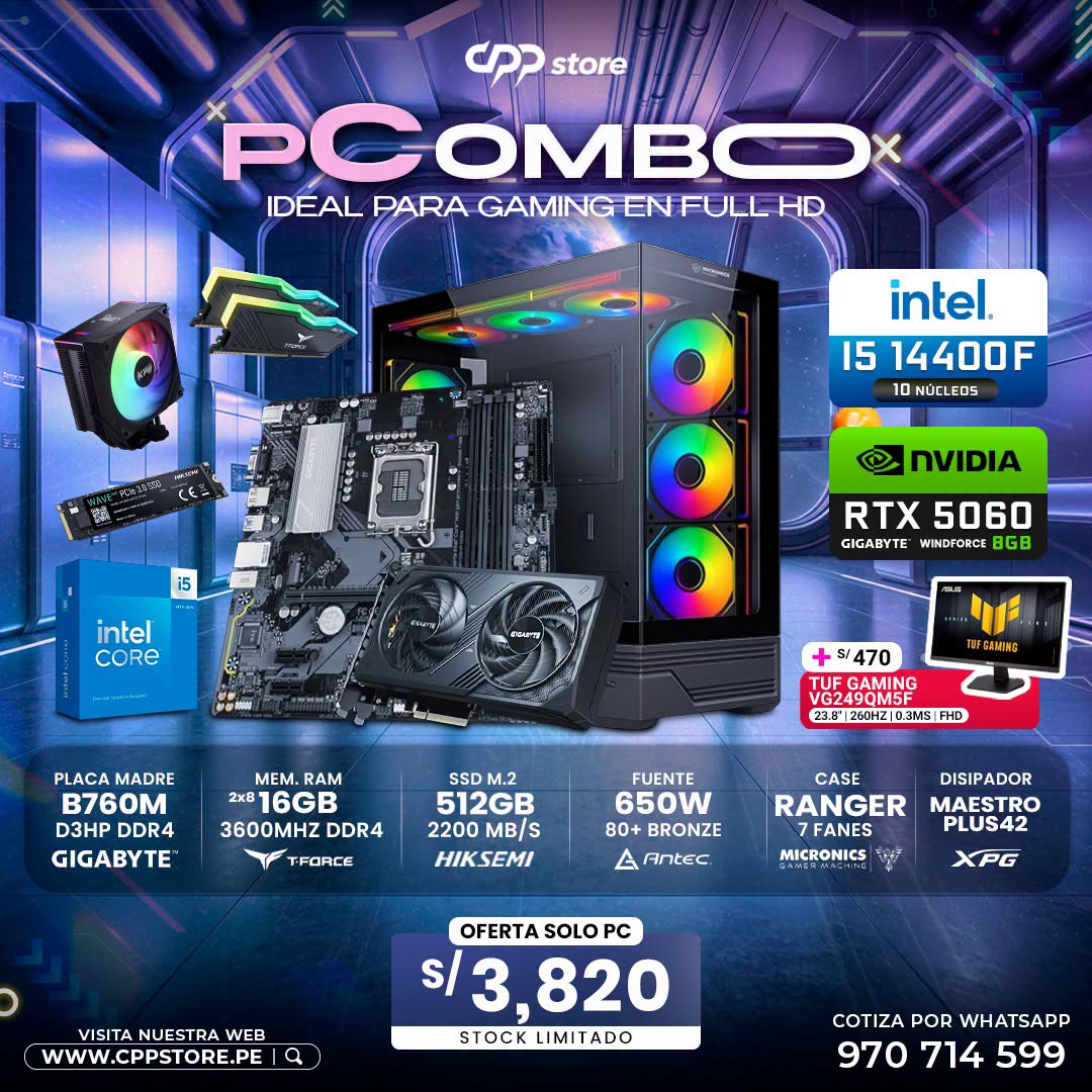 Combo PC Intel i5 14400F RTX 5060 SSD 512GB RAM 16GB DDR4