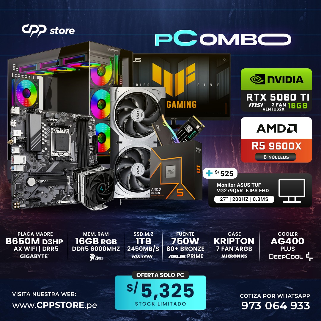 Combo PC Ryzen 5 9600X RTX 5060 Ti SSD 1TB RAM 16GB DDR5