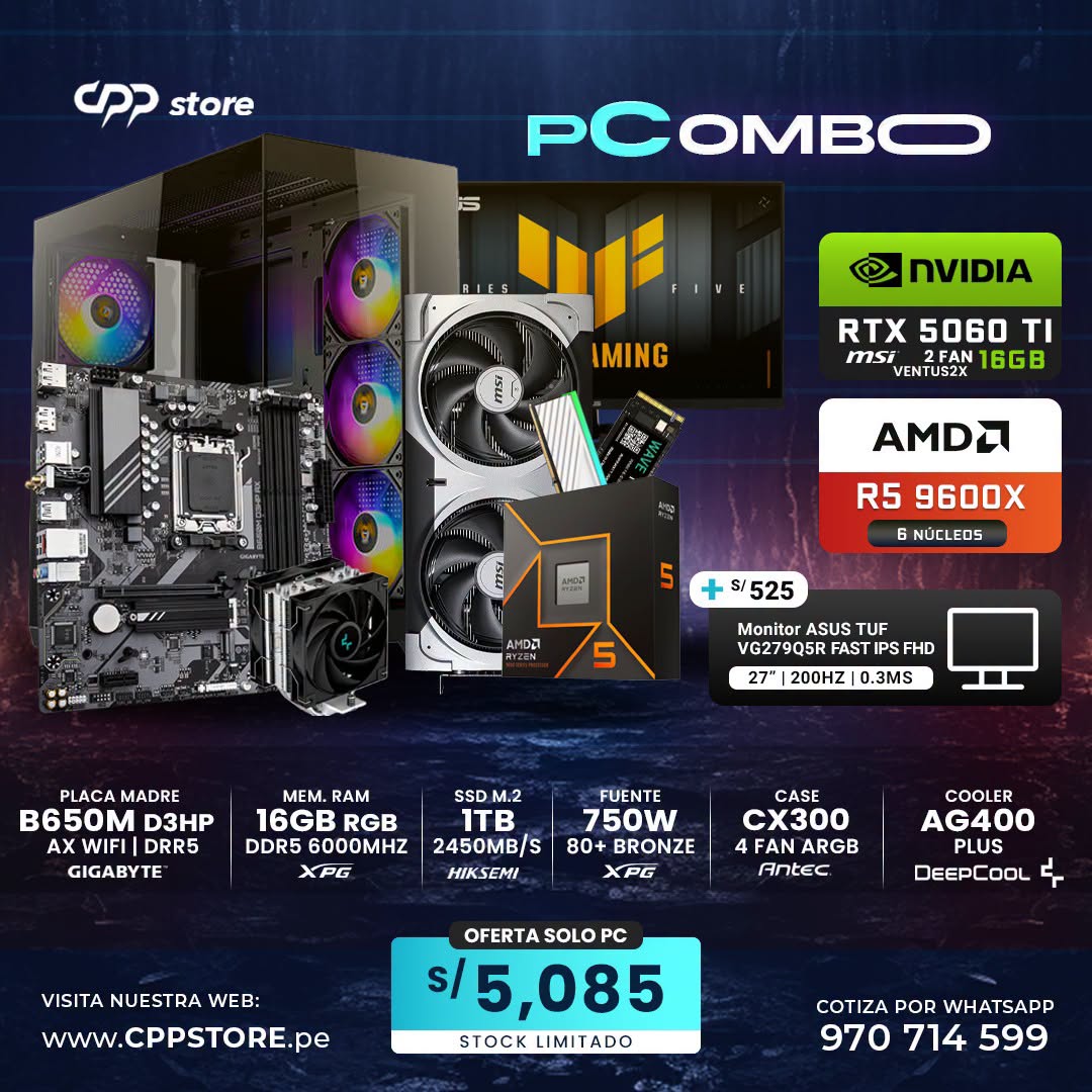 Combo PC Ryzen 5 9600X RTX 5060 Ti SSD 1TB RAM 16GB DDR5