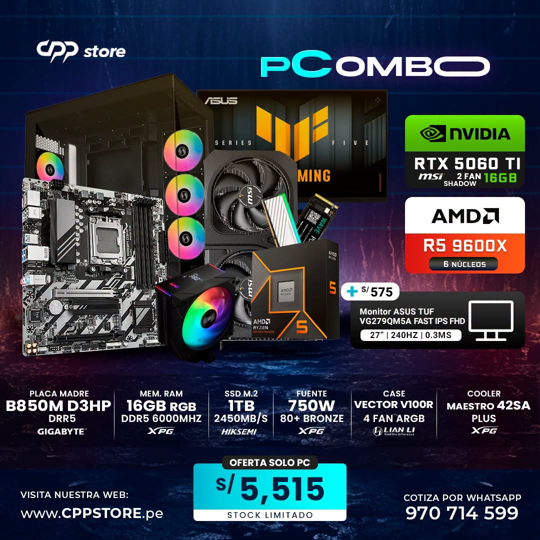 Combo PC Ryzen 5 9600X RTX 5060 Ti SSD 1TB RAM 16GB DDR5