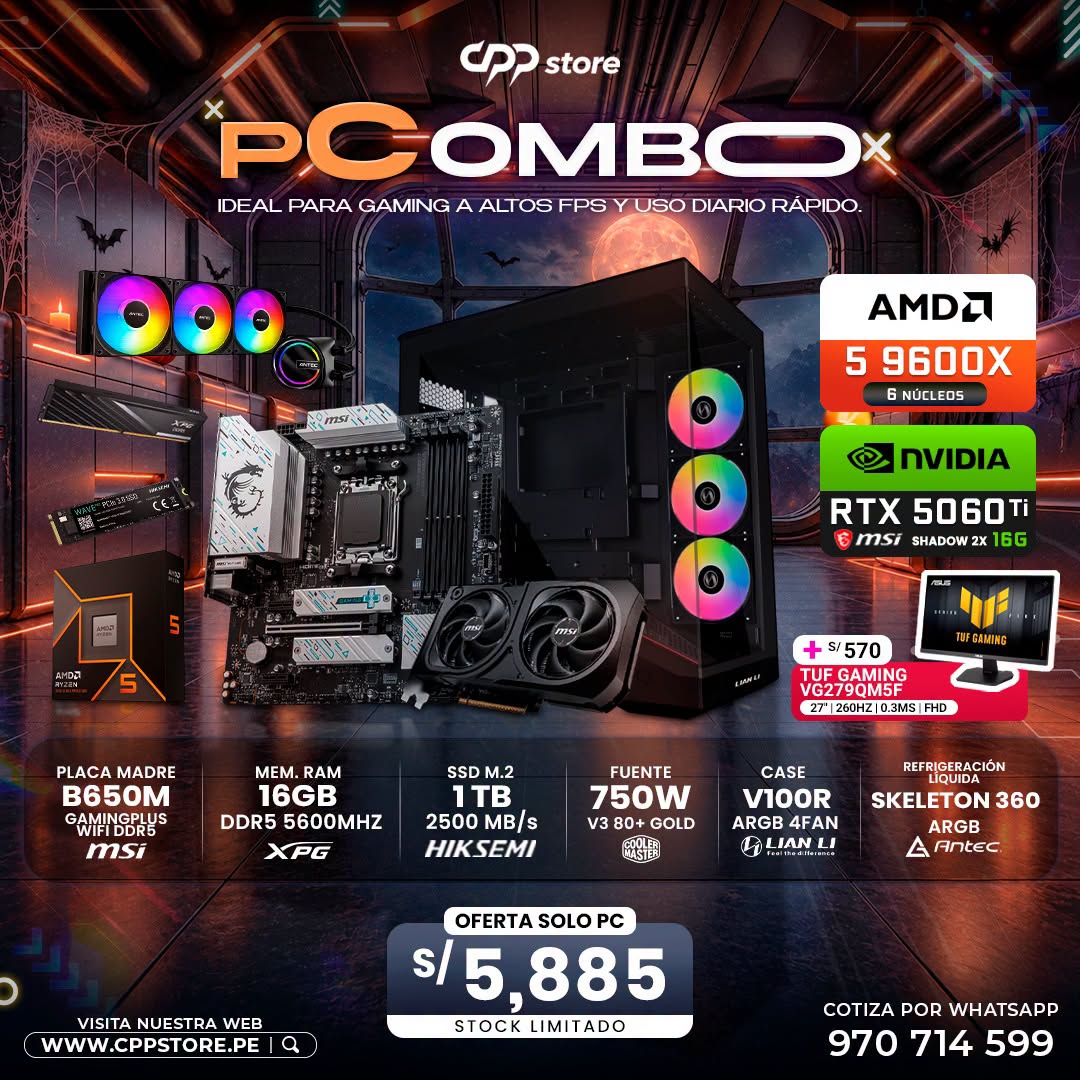 Combo PC Ryzen 5 9600X RTX 5060 Ti SSD 1TB RAM 16GB DDR5
