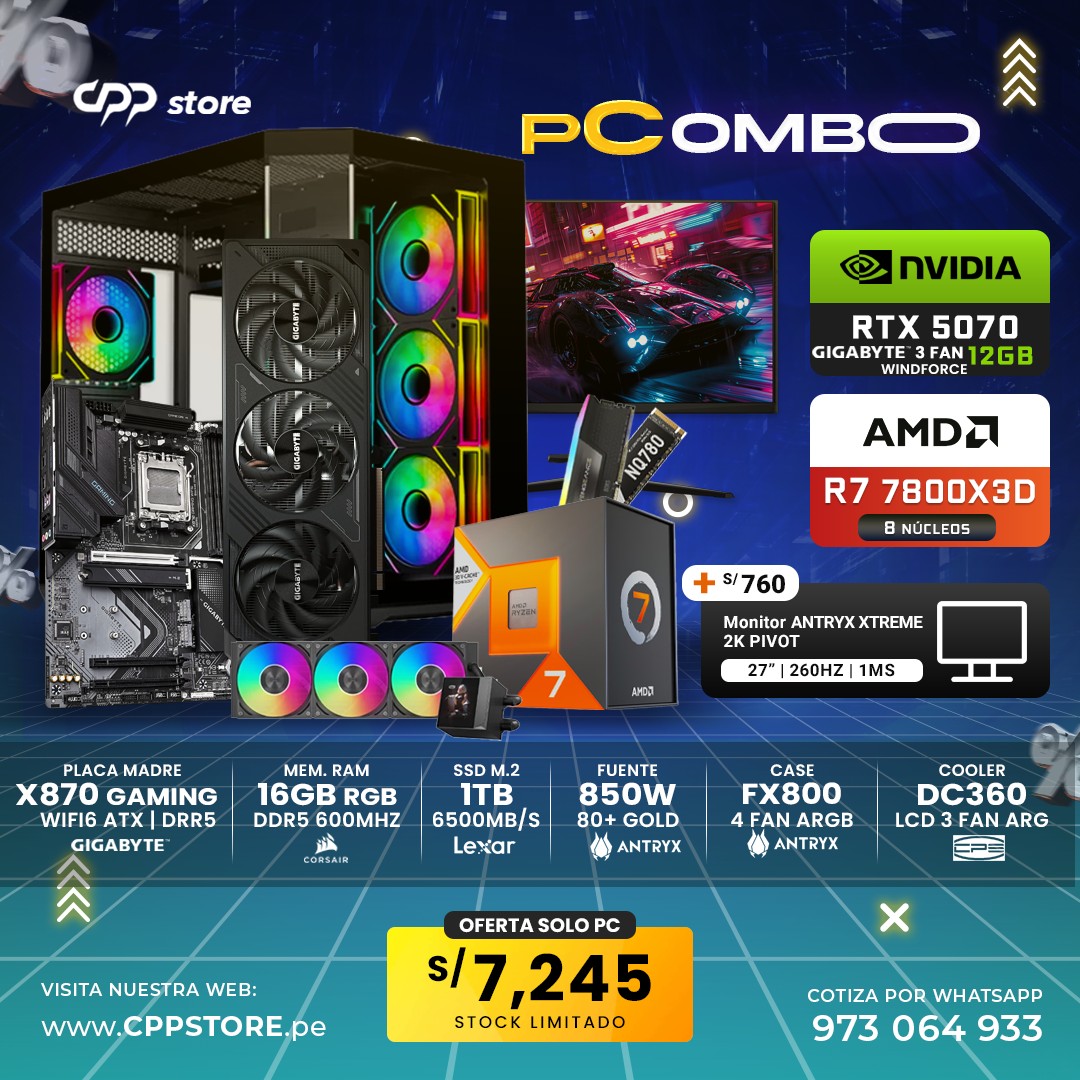 Combo PC Ryzen 7 7800X3D RTX 5070 SSD 1TB RAM 16GB DDR5