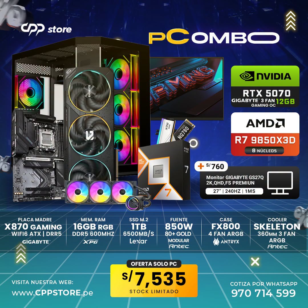 Combo PC Ryzen 7 7800X3D RTX 5070 SSD 1TB RAM 16GB DDR5