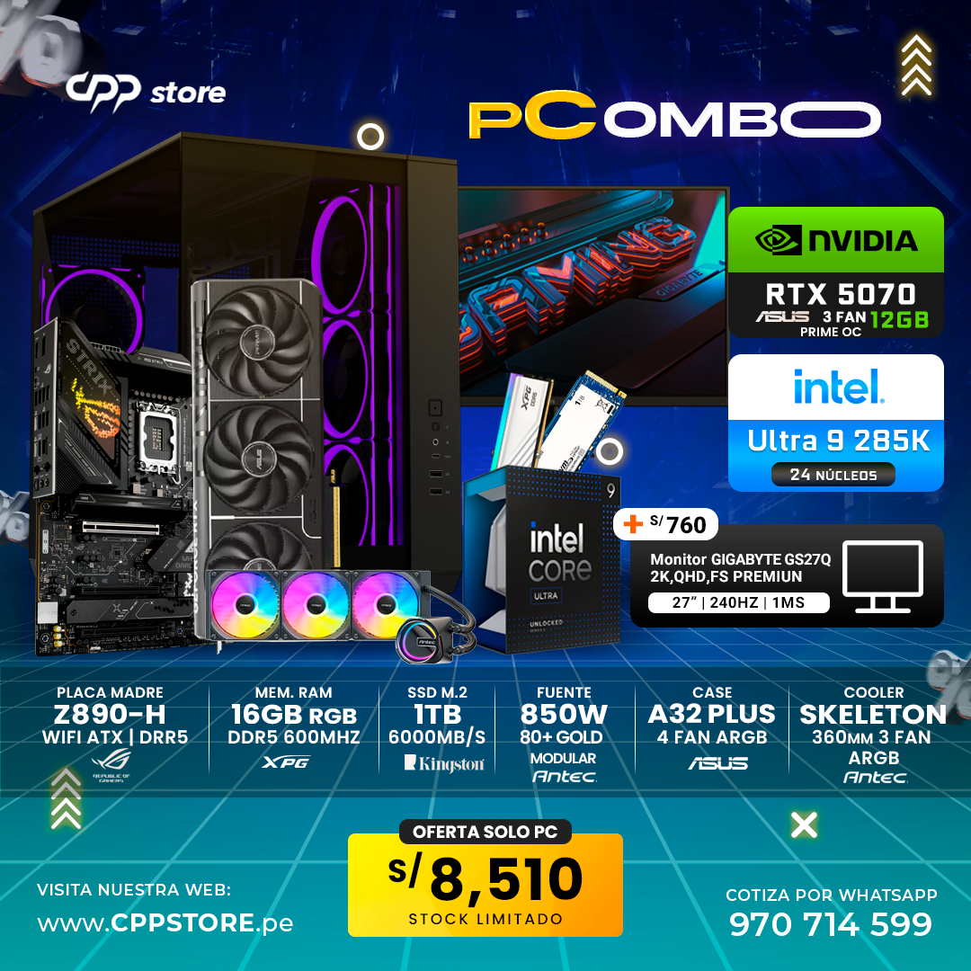 Combo PC Intel Ultra 9 285k RTX 5070 SSD 1TB RAM 16GB DDR5
