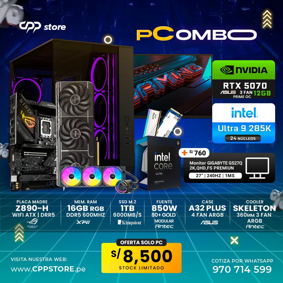 Combo PC Intel Ultra 9 285k RTX 5070 SSD 1TB RAM 16GB DDR5