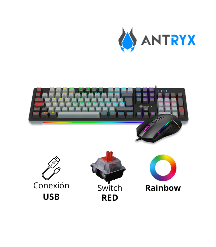 KIT ANTRYX GC-5600 TECLADO RGB RAINBOW SWITCH RED USB + MOUSE RGB USB