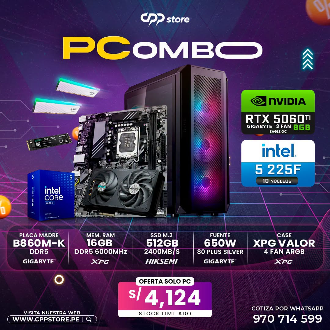 Combo PC Intel Ultra 5 225F RTX 5060 Ti SSD 512GB RAM 16GB DDR5