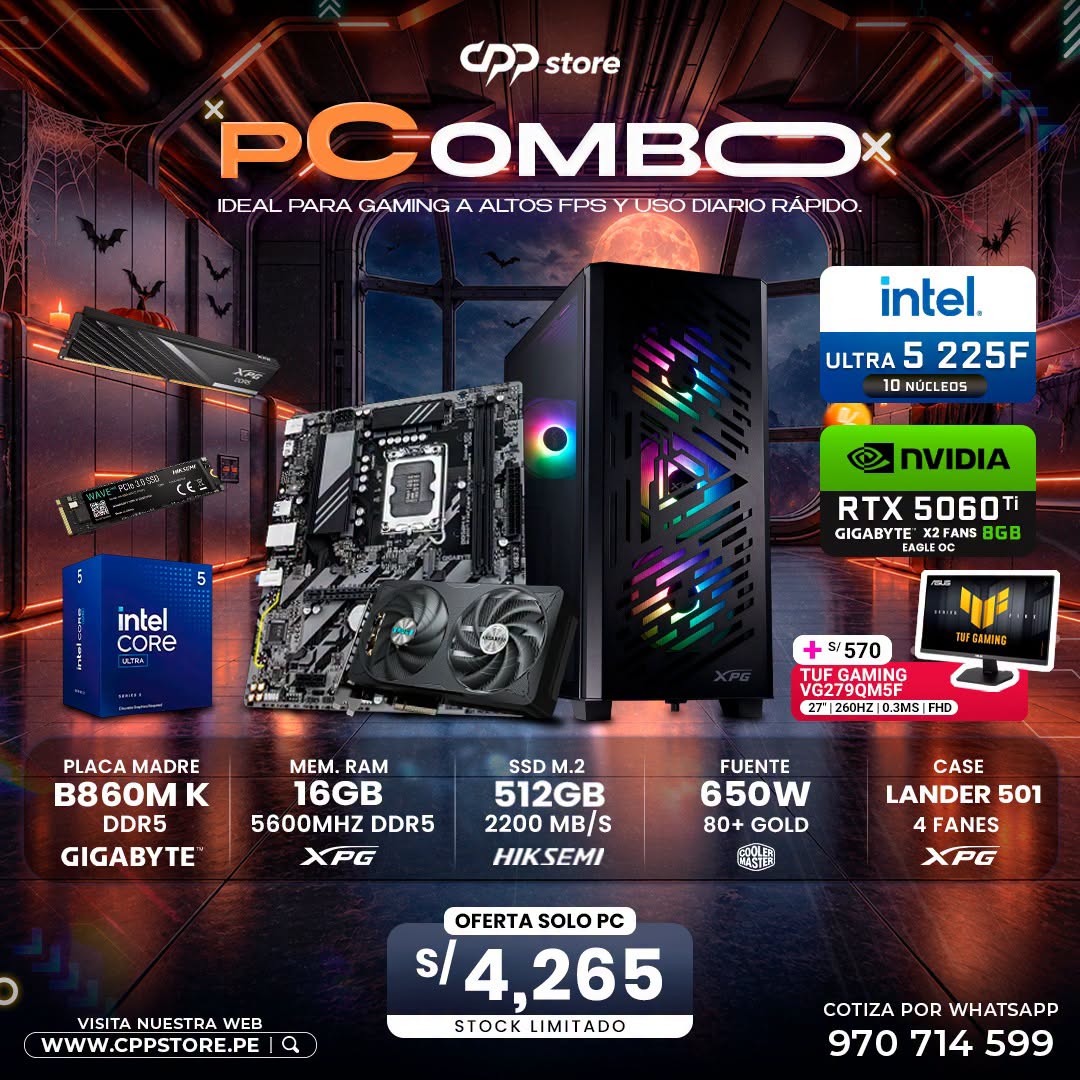Combo PC Intel Ultra 5 225F RTX 5060 Ti SSD 512GB RAM 16GB DDR5