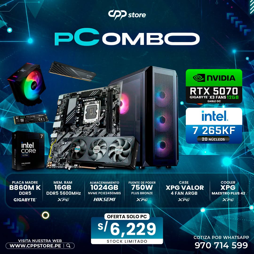 Combo PC Intel Ultra7 265KF RTX 5070 SSD 1TB RAM 16GB DDR5