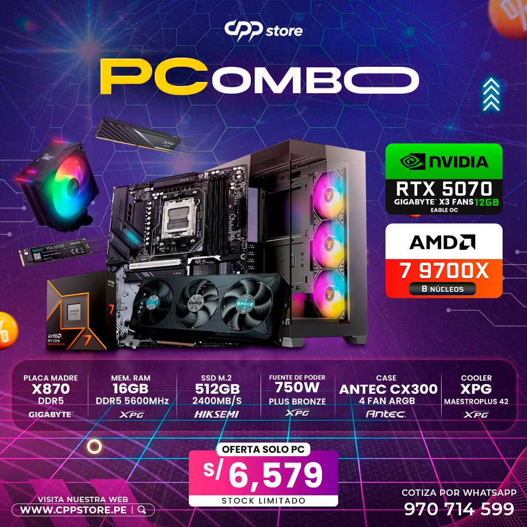 Combo PC Ryzen 7 9700X RTX 5070 SSD 512GB RAM 16GB DDR5