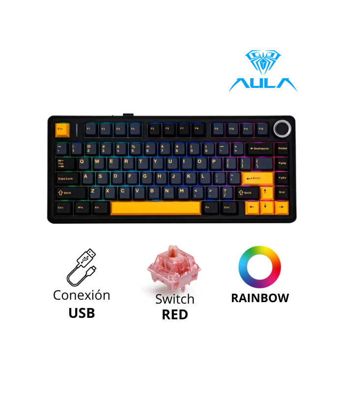 TECLADO MECANICO AULA F75, SW-PINK, RAINBOW, CABLEADO, BLACK Y YELLOW, INGLES
