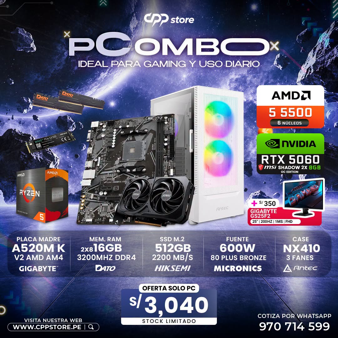 Combo PC Ryzen 5 5500 RTX 5060 SSD 512GB RAM 16GB DDR4