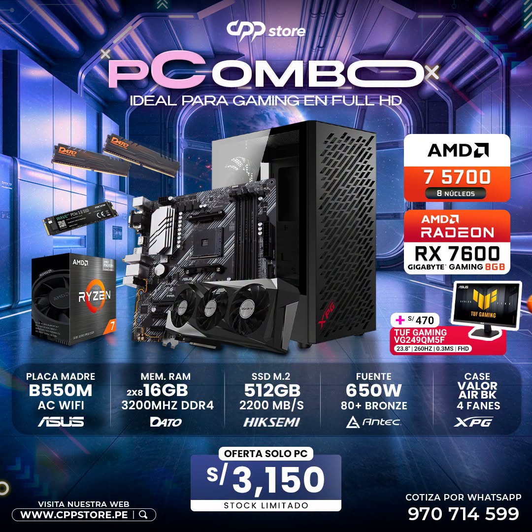 Combo PC Ryzen 7 5700 RX 7600 SSD 512GB RAM 16GB DDR4