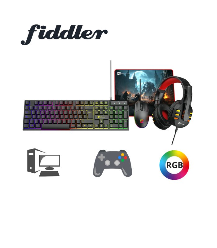 KIT GAMER FIDDLER 4EN1, TECLADO + MOUSE + MOUSE PAD + AUDÍFONOS