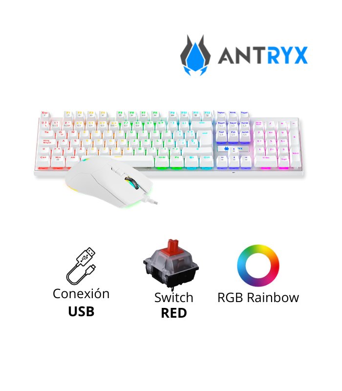KIT GAMING ANTRYX GC-3100 WHITE, TECLADO MECANICO SWITCH RED + MOUSE