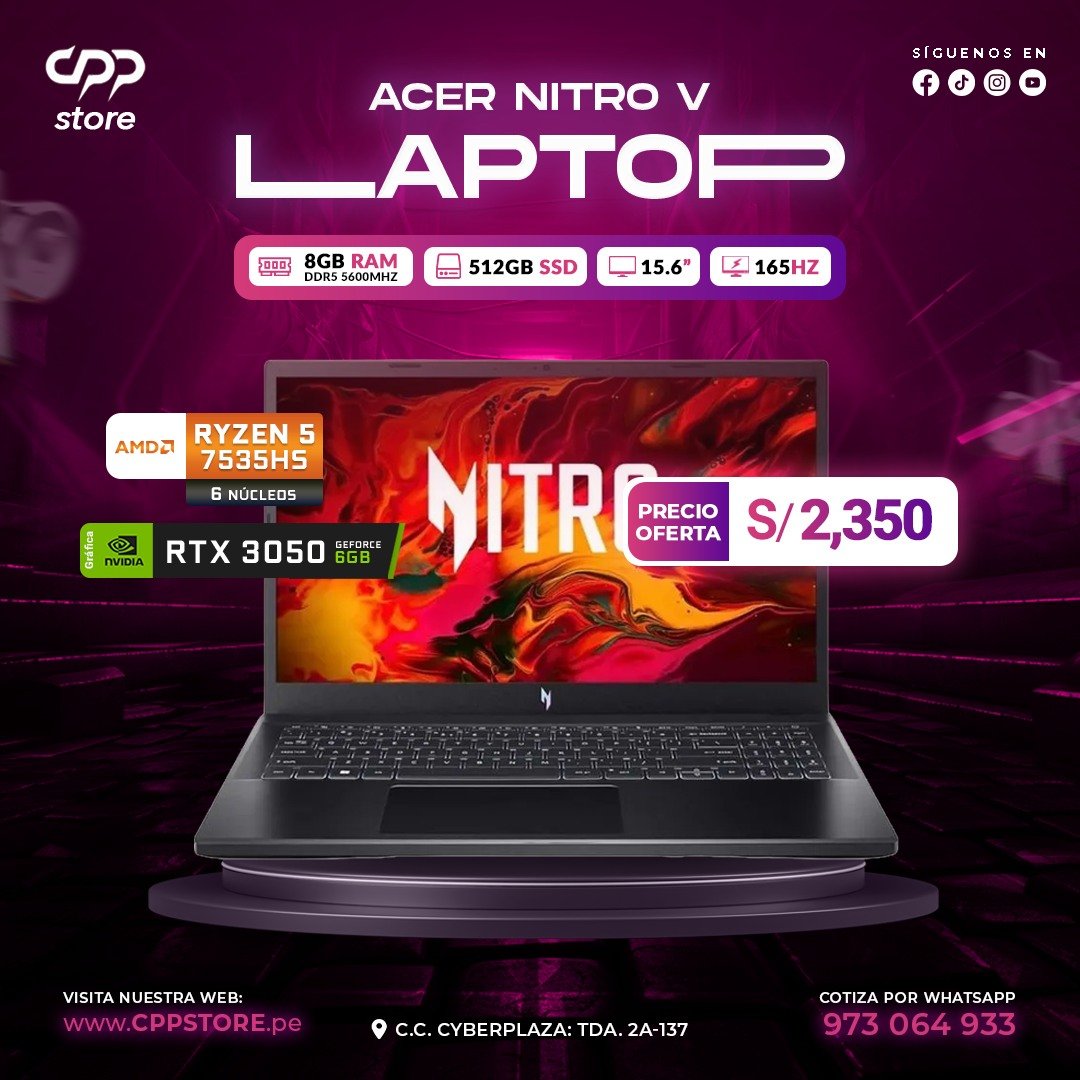 LAPTOP ACER NITRO V, R5-7535HS, 8GB DDR5, 512GB SSD, RTX3050 6GB, 15.6" FHD 165HZ