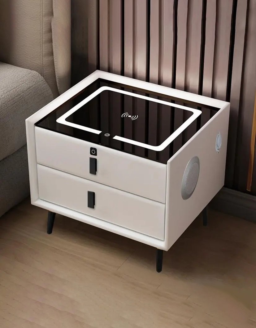 MESA DE NOCHE SMART: CARGA INALÁMBRICA | ALTAVOZ BLUETOOTH | CAJÓN CON HUELLA DIGITAL | CARGADOR US