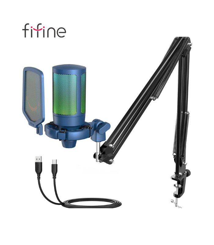 MICROFONO FIFINE A6T + SOPORTE DE BRAZO, RGB, CONDENSADOR BLUE