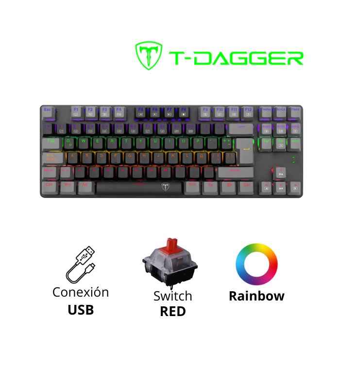 TECLADO T-DAGGER BORA LITE TGK313BG-LIT, RED SWITCH, RAINBOW, BLACK/GREY, ESPAÑOL