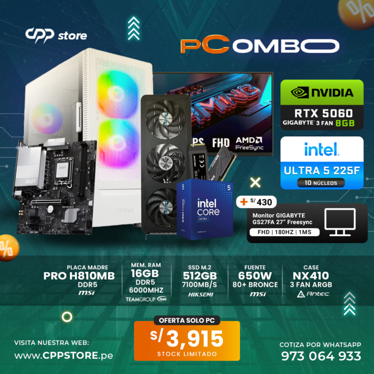 Combo PC Intel Core Ultra 5 225F RTX 5060 500GB SSD 16GB RAM DDR5