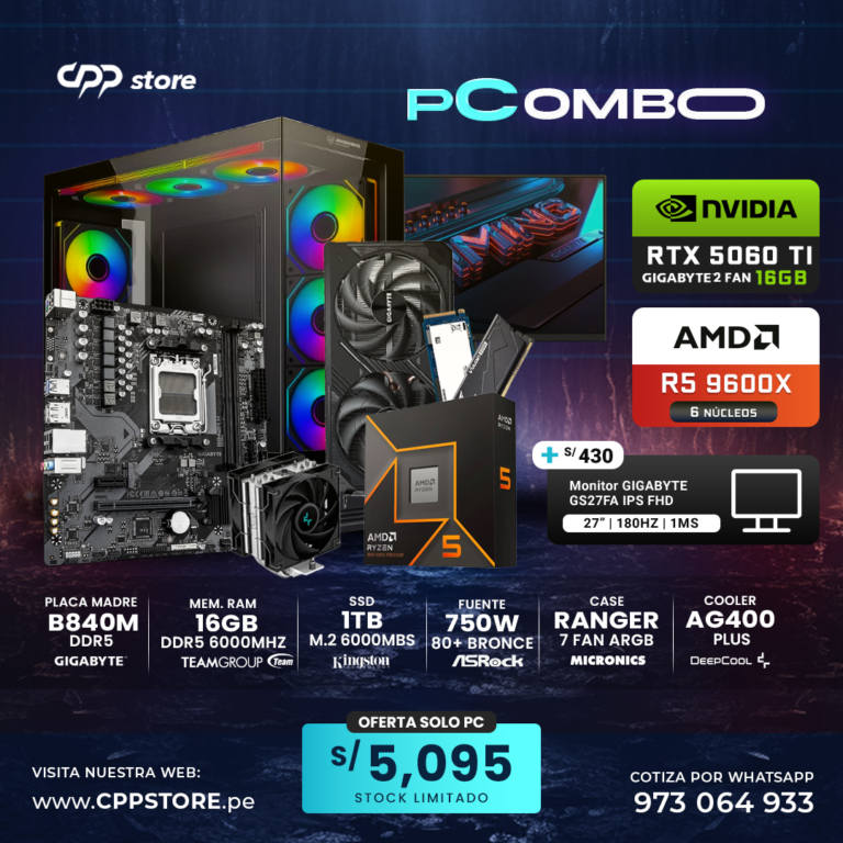 Combo PC Ryzen 5 9600x RTX 5060Ti 1TB SSD 16GB DDR5